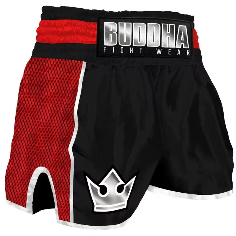 Calções de muay thai Buddha retro premium (preto/vermelho)